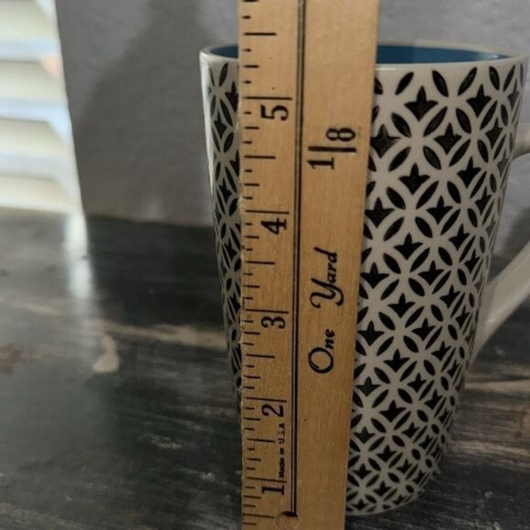 World Market Ceramic Mug With Black & White Pattern Blue Interior Dishwasher Saf - Picture 4 of 5